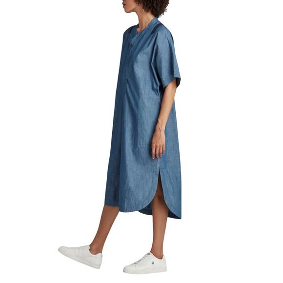 G Star Raw Baseball Scoop Hem Dress Womens XS Dark Blue Denim Chambray Relaxed - Picture 3 of 16